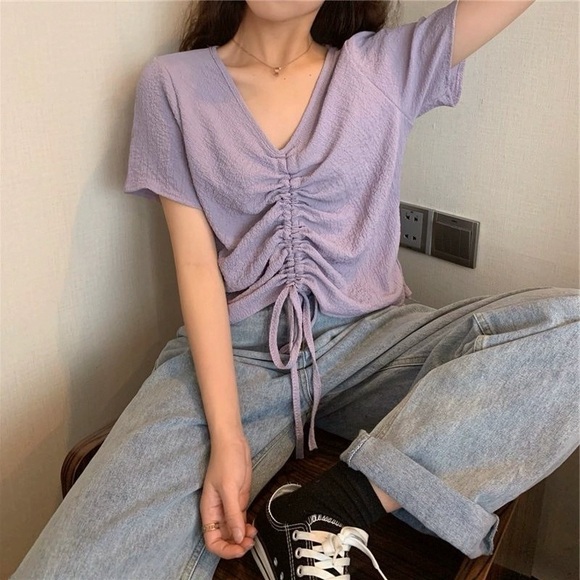 Lavender Purple Loose-Fit Adjustable Drawstring Ruched Front Short Sleeve - Picture 2 of 4